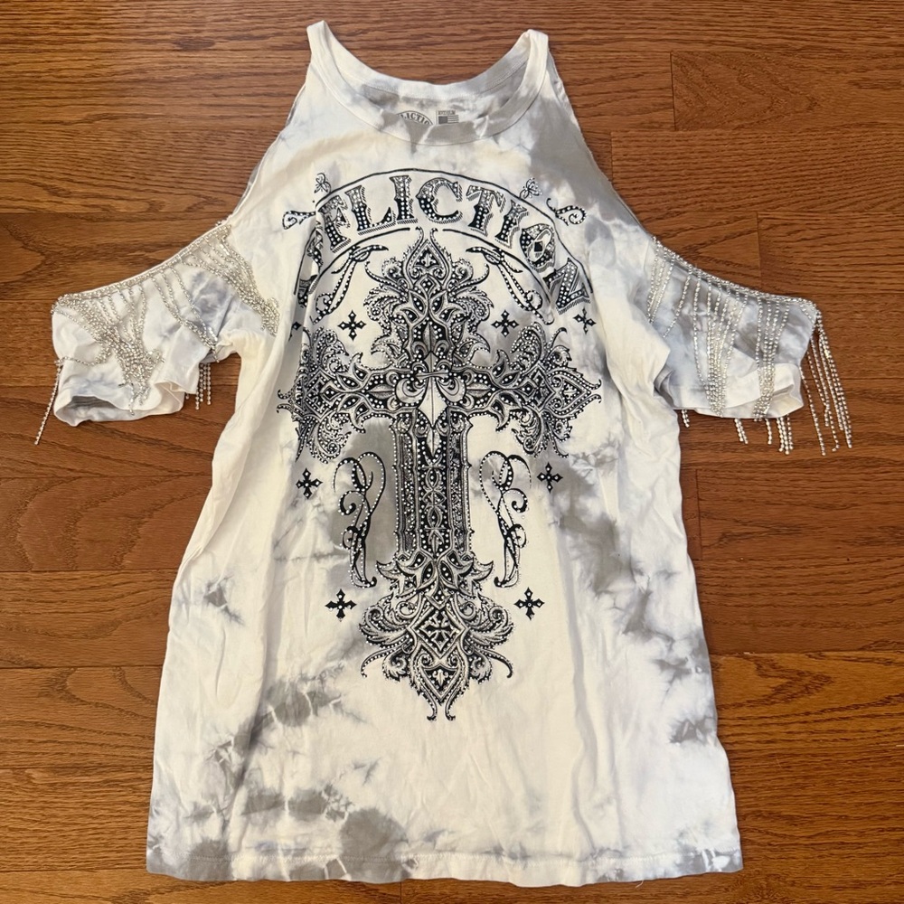 Affliction Women's Cold Shoulder Graphic Top with Rhinestones Medium